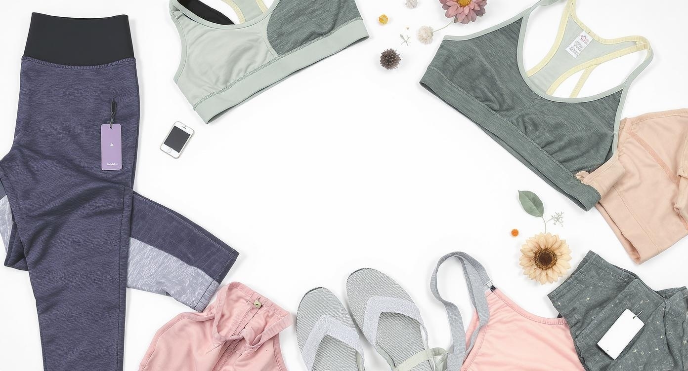 Clean flat lay of high-quality activewear products including colorful leggings and sports bras