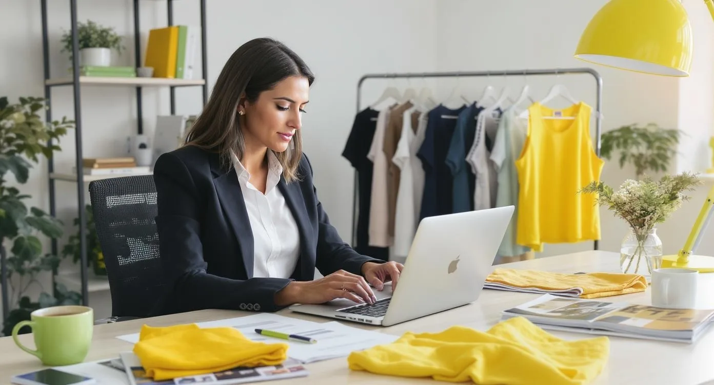 Professional woman examining activewear products and supplier research materials