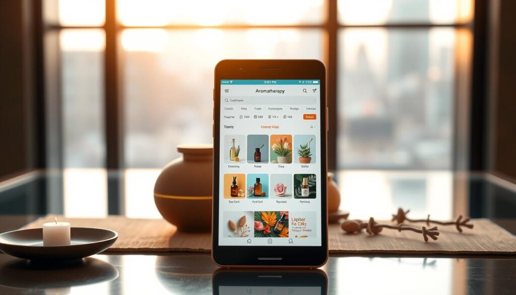 A sleek, modern mobile device prominently displayed in the foreground, its screen showcasing a seamless aromatherapy store interface with intuitive navigation and visually appealing product imagery. In the middle ground, a tranquil, minimalist setting with essential oil diffusers and natural botanicals, creating a calming ambiance. The background features a soft, blurred cityscape, hinting at the accessibility and convenience of mobile shopping for aromatherapy enthusiasts on the go. Warm, natural lighting bathes the scene, enhancing the soothing, spa-like atmosphere. A sleek, modern mobile device prominently displayed in the foreground, its screen showcasing a seamless aromatherapy store interface with intuitive navigation and visually appealing product imagery. In the middle ground, a tranquil, minimalist setting with essential oil diffusers and natural botanicals, creating a calming ambiance. The background features a soft, blurred cityscape, hinting at the accessibility and convenience of mobile shopping for aromatherapy enthusiasts on the go. Warm, natural lighting bathes the scene, enhancing the soothing, spa-like atmosphere.
