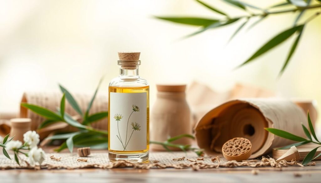 A well-designed eco-friendly essential oil packaging showcasing a harmonious blend of natural elements. In the foreground, a sleek glass bottle with a minimalist label features organic typography and delicate floral illustrations. The middle ground highlights sustainable materials like bamboo, cork, and recycled paper creating a visually appealing and tactile composition. The background frames this ensemble with a serene nature-inspired setting, soft natural lighting, and a calming color palette of earthy tones. The overall impression conveys a sense of purity, simplicity, and a commitment to environmental responsibility. A well-designed eco-friendly essential oil packaging showcasing a harmonious blend of natural elements. In the foreground, a sleek glass bottle with a minimalist label features organic typography and delicate floral illustrations. The middle ground highlights sustainable materials like bamboo, cork, and recycled paper creating a visually appealing and tactile composition. The background frames this ensemble with a serene nature-inspired setting, soft natural lighting, and a calming color palette of earthy tones. The overall impression conveys a sense of purity, simplicity, and a commitment to environmental responsibility.