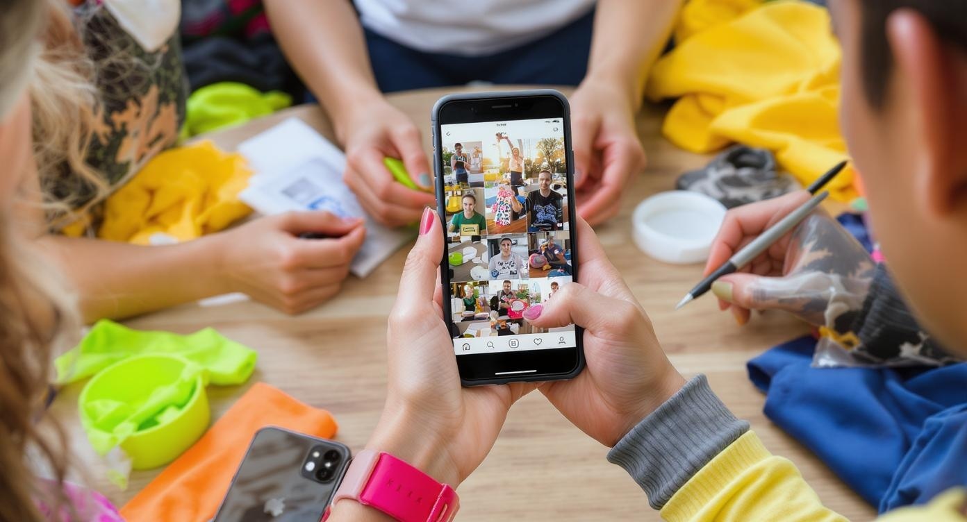 Social media marketing scene with fitness influencers creating activewear content