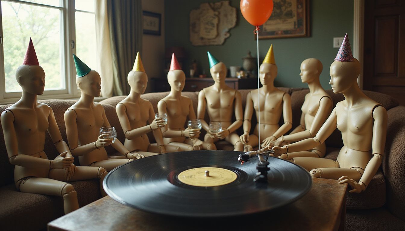 A whimsical scene features mannequins in party hats frozen in time, awaiting music from a spinning vinyl record player. A whimsical scene features mannequins in party hats frozen in time, awaiting music from a spinning vinyl record player.