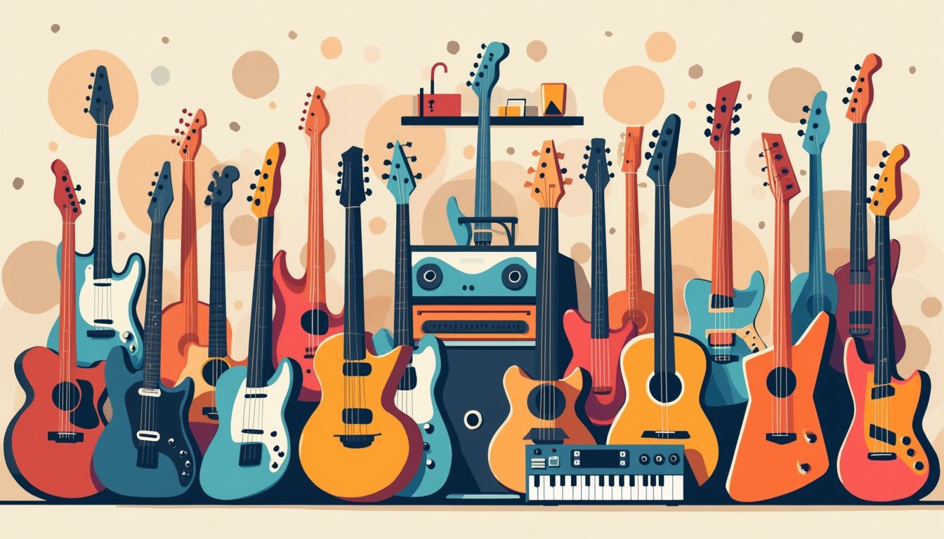 A vibrant, minimalist vector illustration of a cluttered online music instrument store featuring colorful guitars and vintage keyboards.