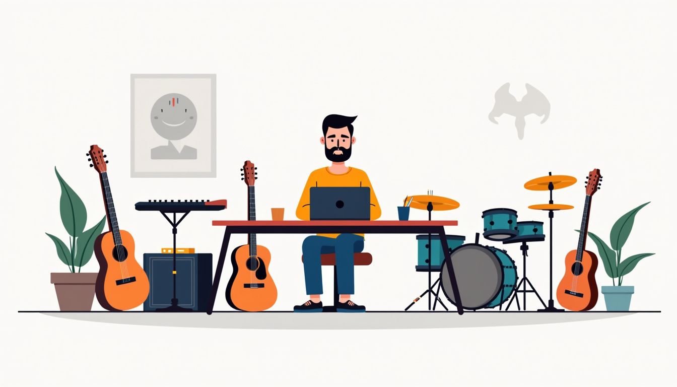 A casual man focuses on a laptop in a vibrant, minimalist music workspace filled with instruments.