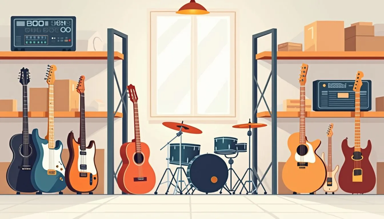 Create a minimalist flat vector illustration of a warehouse filled with neatly organized musical instruments on shelves.